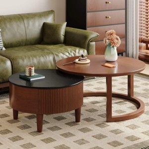 2 Piece Round Nesting Coffee Table with Fluted Drawer for Living Room, 31'' Space Saving Vintage Walnut MDF Wood Coffee Table with Storage-Coolbibila - 1 of 4