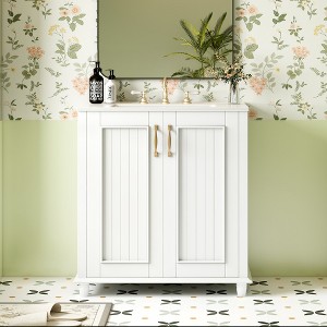 30" Rural Pastoral Bathroom Vanity with Ceramic Sink, Solid Wood Frame, Hidden Drawer & Storage Cabinet, White/Green - ModernLuxe - 1 of 4