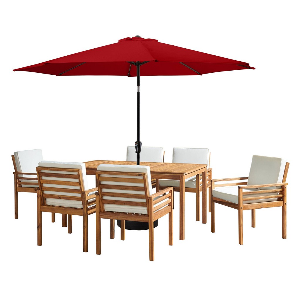 Photos - Dining Table Alaterre Furniture 8pc Outdoor Patio Dining Set, Okemo Table with 10' Auto Tilt Umbrella Red