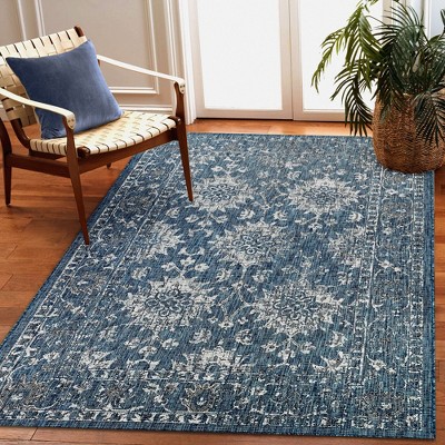 Nautical Navy Floral Round Synthetic Indoor/Outdoor Rug