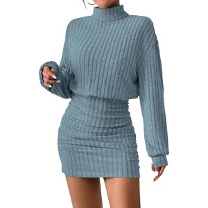 Long Lantern Sleeve Ribbed Knit Sweater Dress, Turtle Neck Bodycon Mini Pullover Dress for Women, Fall and Winter Fashion Blue - 1 of 4