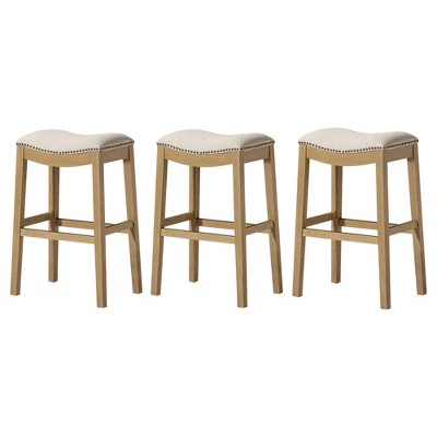 Natural Wood Backless Saddle Counter Stools, Set of 3
