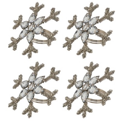 Silver Beaded Snowflake Design Holiday Napkin Rings, Set of 4
