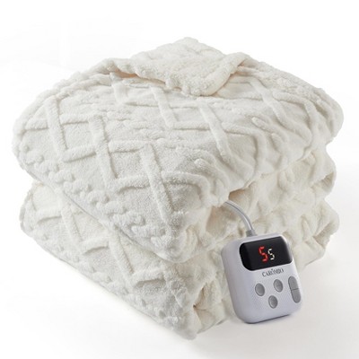 GustoWave Heated Blanket Throw - Thick Cotton Velvet Blanket with Controller, Fast Heating Machine Washable, Beige
