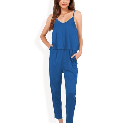 Anna-Kaci Women's Spaghetti Strap Jumpsuit with Layered Bodice and Elastic Waist with Side Pockets
