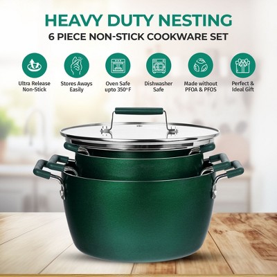 Emerald Green Aluminum Nonstick 6-Piece Nesting Cocotte Set