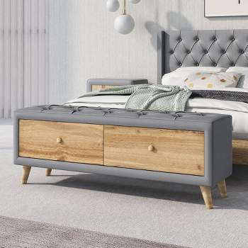 Upholstered Wooden Storage Ottoman Bench With 2 Drawers, Support Rubber Wood Legs, Handles For Bedroom
