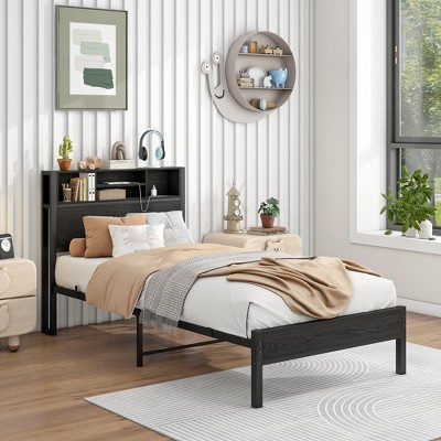 MAYEERTY Twin Metal Platform Bed Frame ¨C Storage Headboard, Charging Station, Bookcase Storage, No Box Spring, Easy Assembly, Black