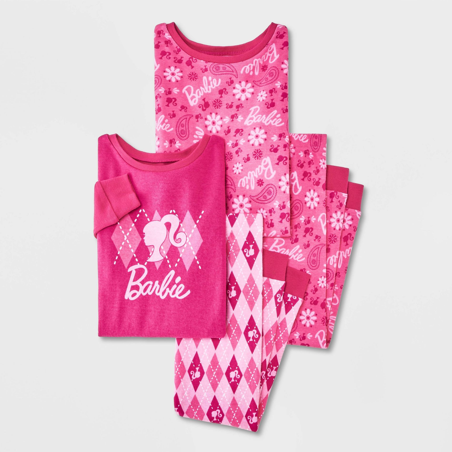 Toddler Girls' Barbie Snug Fit Long Sleeve Cotton Pajama Set 4pc - Dark Pink