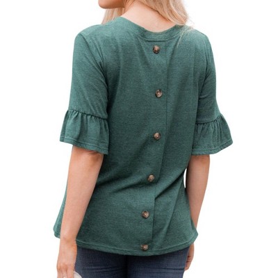 Amaryllis Women's Button-Back Ruffle Sleeve Top with Round Neckline and Relaxed Fit for Casual Comfort