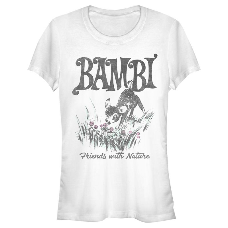Juniors Womens Bambi Friends With Nature Artistic Sketch T-Shirt, 1 of 5