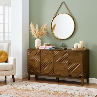 Homy Casa Carved Geometric 4 Door Sideboard Buffet Cabinet with Adjustable Shelves, Walnut