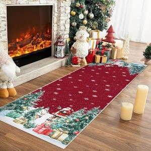 Red Christmas Hallway Runner Rug, Washable Low Pile Non-Slip Mat with Tree & Snowflake Design for Kitchen, Entryway and Bedroom - 1 of 4