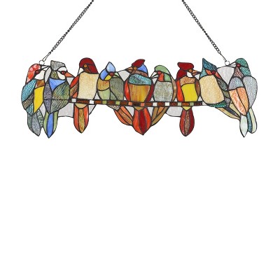 Multi-Colored Stained Glass Birds on Vine Window Panel