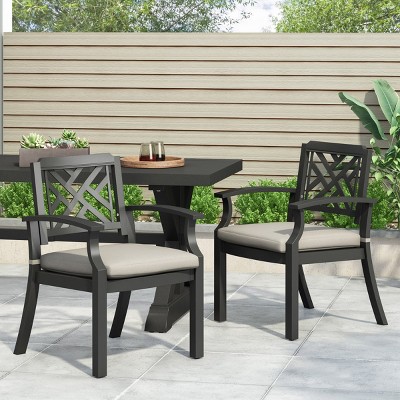 Modern Outdoor Garden Black Aluminum Patio Dining Chairs Set of 2 with Water-Resistant Cushion,Open Woven Back Kitchen Dining Room Chair-Coolbibila