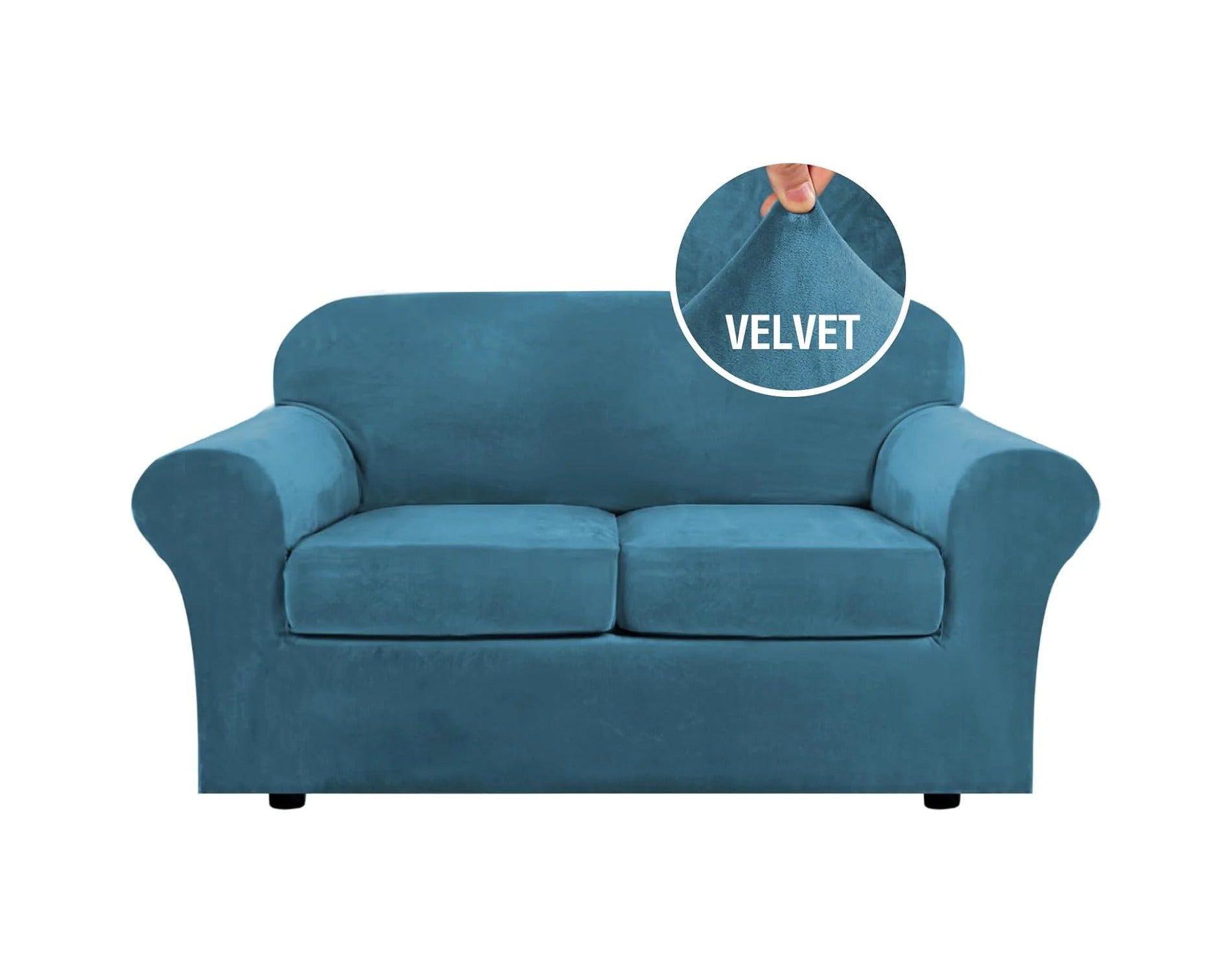 H.Versailtex Modern Velvet Plush High Stretch Sofa Slipcover PEACOCK BLUE 2 Cushion Loveseat