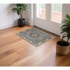 Ivory Tan and Blue Wool Oriental Hand Knotted Area Rug With Fringe - 2 of 4