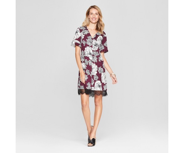 Women's Floral Print Button Front Lace Trim Dress - Chiasso - Burgundy S