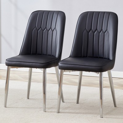 FONTOI 2PCS Modern Dining Chairs with Leather Backrest for Kitchen, Bedroom, Office, Black, 16.3"*35"*17"