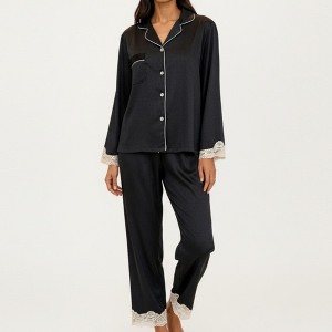 Anna-Kaci Lounge Women's 2-Piece Set Satin Button Front Pajama Top with Lace Trim Sleeves and Matching Elastic Waist Pants - 1 of 4