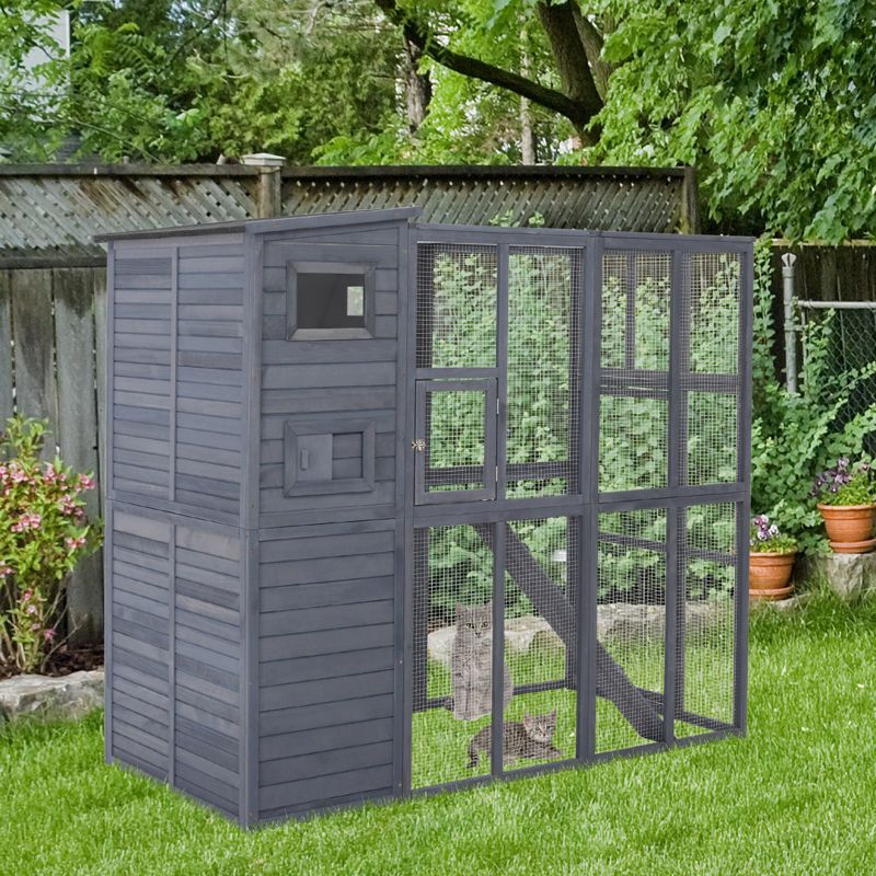 PawHut Cat House Outdoor Catio Kitty Enclosure with Platforms Run Lockable Doors and Asphalt Roof, 77" x 37" x 69", 4 of 8
