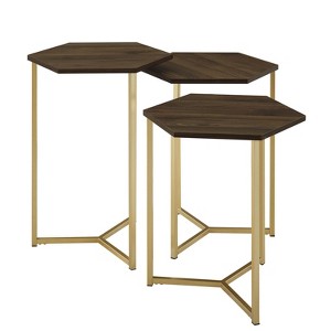 Set Of 3 Hex Nesting Tables Dark Walnut / Gold - Saracina Home, Dark Brown/Gold