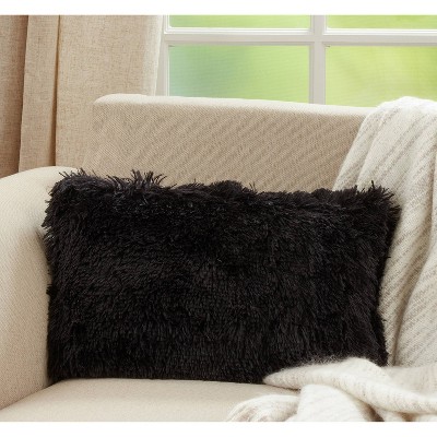 Classic Black Faux Fur Oblong Throw Pillow with Down Filling