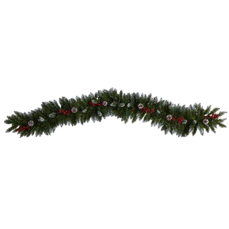 Nearly Natural 6&#39; Pre-lit LED Extra Wide Flocked Tip Spruce with Pinecones and Berries Artificial Christmas Garland Green with Multicolor Lights, 4 of 8