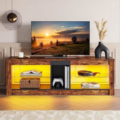 Black Marble 63-inch TV Stand with LED Lights and Glass Shelves