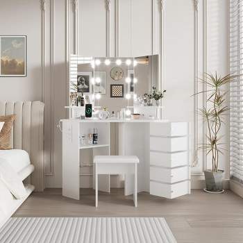 Makeup Vanity Desk with Lights & Power Outlet, Corner Vanity Table with 5 Rotating Drawers,Shelves and Stool