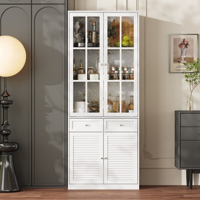 FUFU&GAGA White Bookcase with Louvered and Glass Doors, Adjustable Shelves