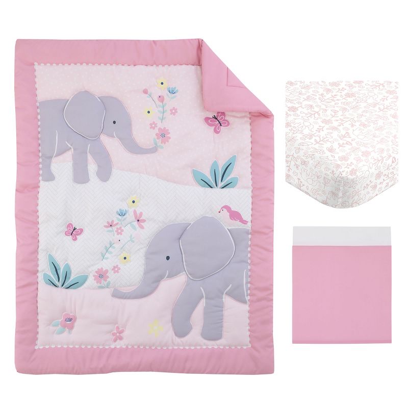 Carter's Floral Elephant Pink and Gray Bird, Butterfly and Flowers 3 Piece Nursery Crib Bedding Set - Comforter, Fitted Crib Sheet, and Crib Skirt, 5 of 8