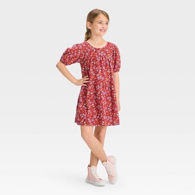 Girls' Short Sleeve Floral Woven Dress - Cat & Jack™ Burgundy S