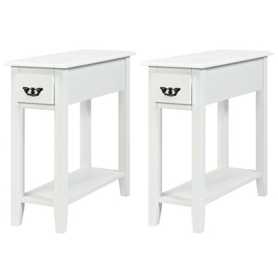 Tangkula Set of 2 White 2 Tier Narrow Nightstand End Bedside Sofa Side Table W/ Drawer & Shelf