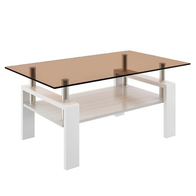 NicBex 39.2 Inch Rectangle Coffee Table with Tempered Glass Tabletop and Storage Shelf for Living Room,Bedroom,White/Brown