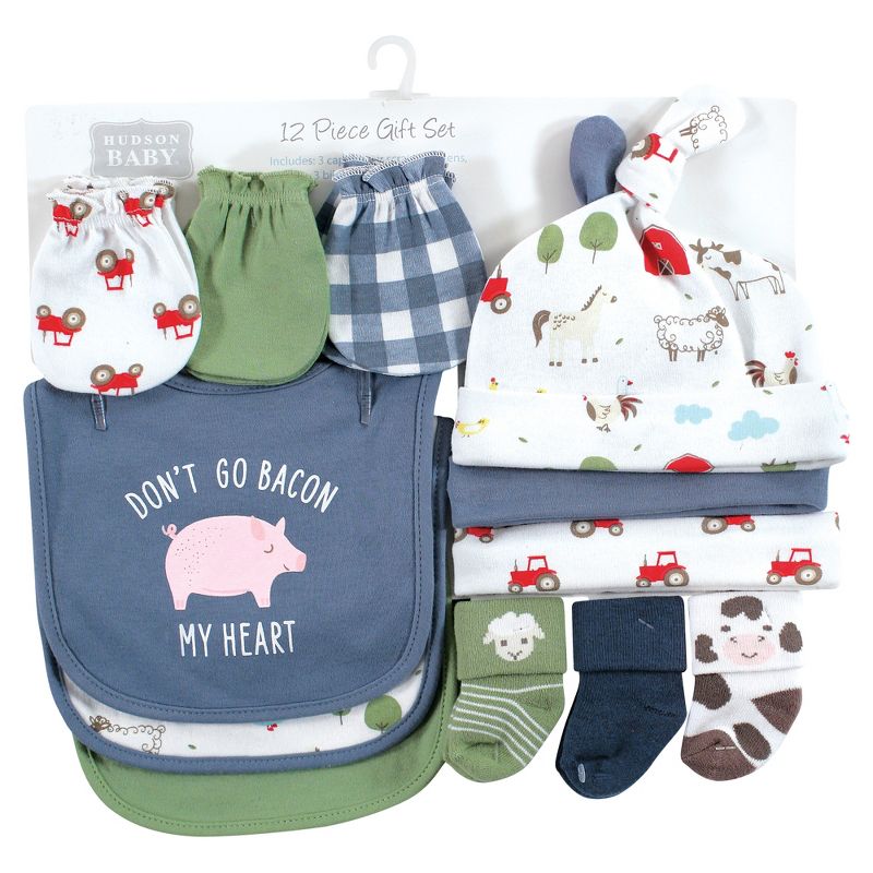 Hudson Baby Infant Boy Caps or Headbands, Bibs, Mittens and Socks 12pc Set, Farm, 0-6 Months, 2 of 6