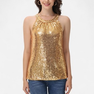 Anna-Kaci Women's Sleeveless Sequin Halter Top with Pleated Neckline and Sparkling Finish - 1 of 4