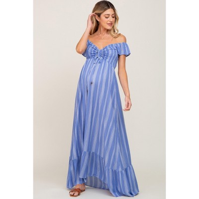 PinkBlush Blue Striped Off Shoulder Front Tie Maternity Maxi Dress
