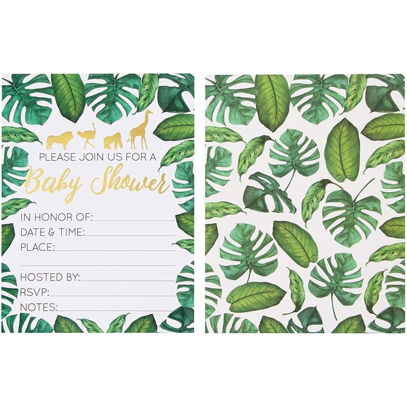 Juvale 36-Pack Baby Shower Invitation with Envelopes, Gold Foil Tropical Animal Designs (5 x 7 In), 6 of 9