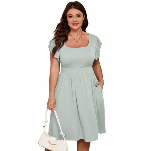 Whizmax Women Plus Size Midi Dress Short Ruffle Sleeves High Waist Casual Summer Dress with Pockets - image 1 of 4