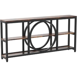 Gulches Rustic Industrial Console Table, 3-Tier Storage, Unique Circular Frame, Rustic Brown & Black, 70.9" - 1 of 4