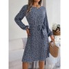 Womens Long Sleeve Dress High Rise Pleated Dress Waist Tie Floral Prairie Dress Round Neck A Line Midi Dress for Spring/Fall - 3 of 4
