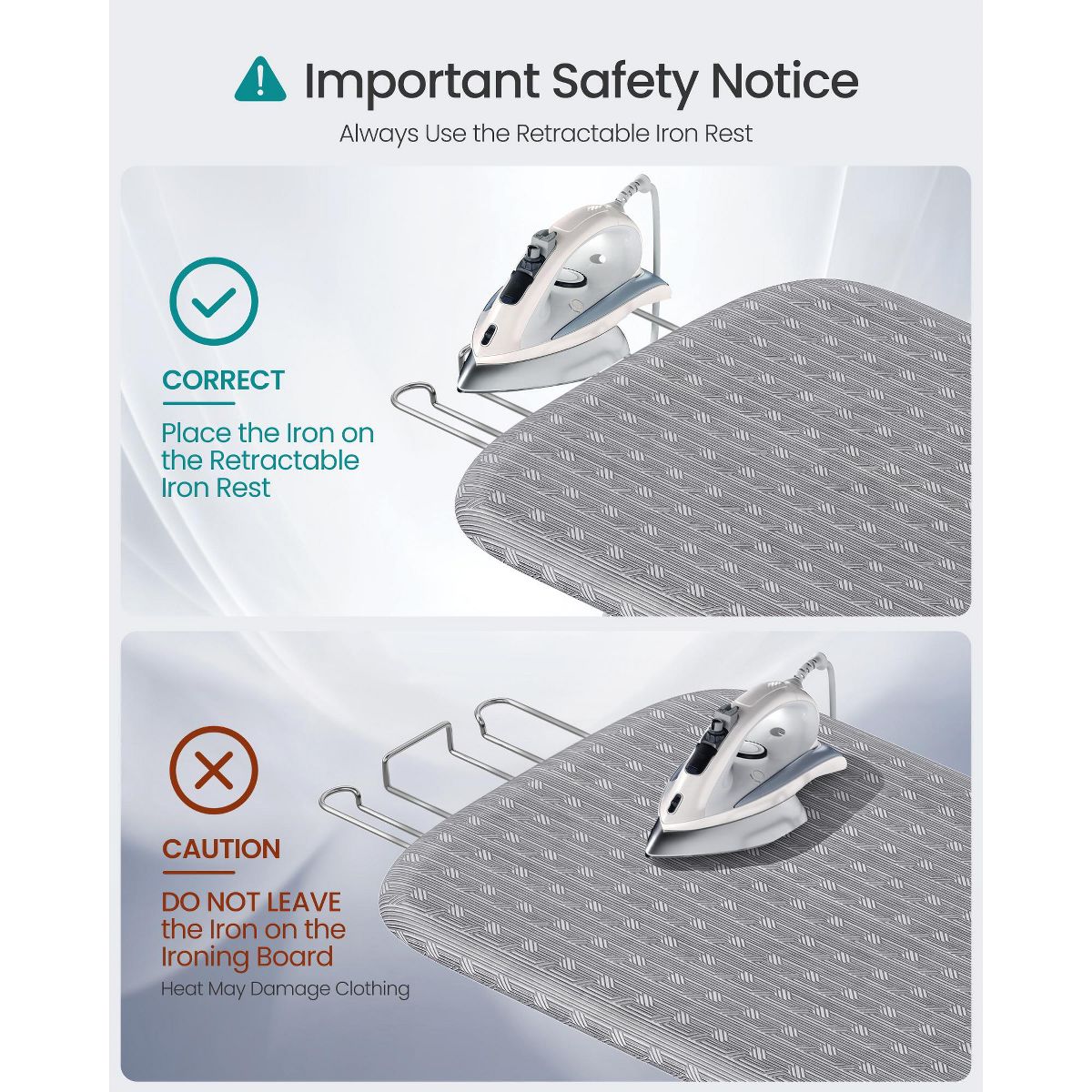 LEDREM Ironing Board with Cover & Pad, Foldable Steel Frame, Adjustable Height, Iron Rest, for Laundry Room - thumbnail 3