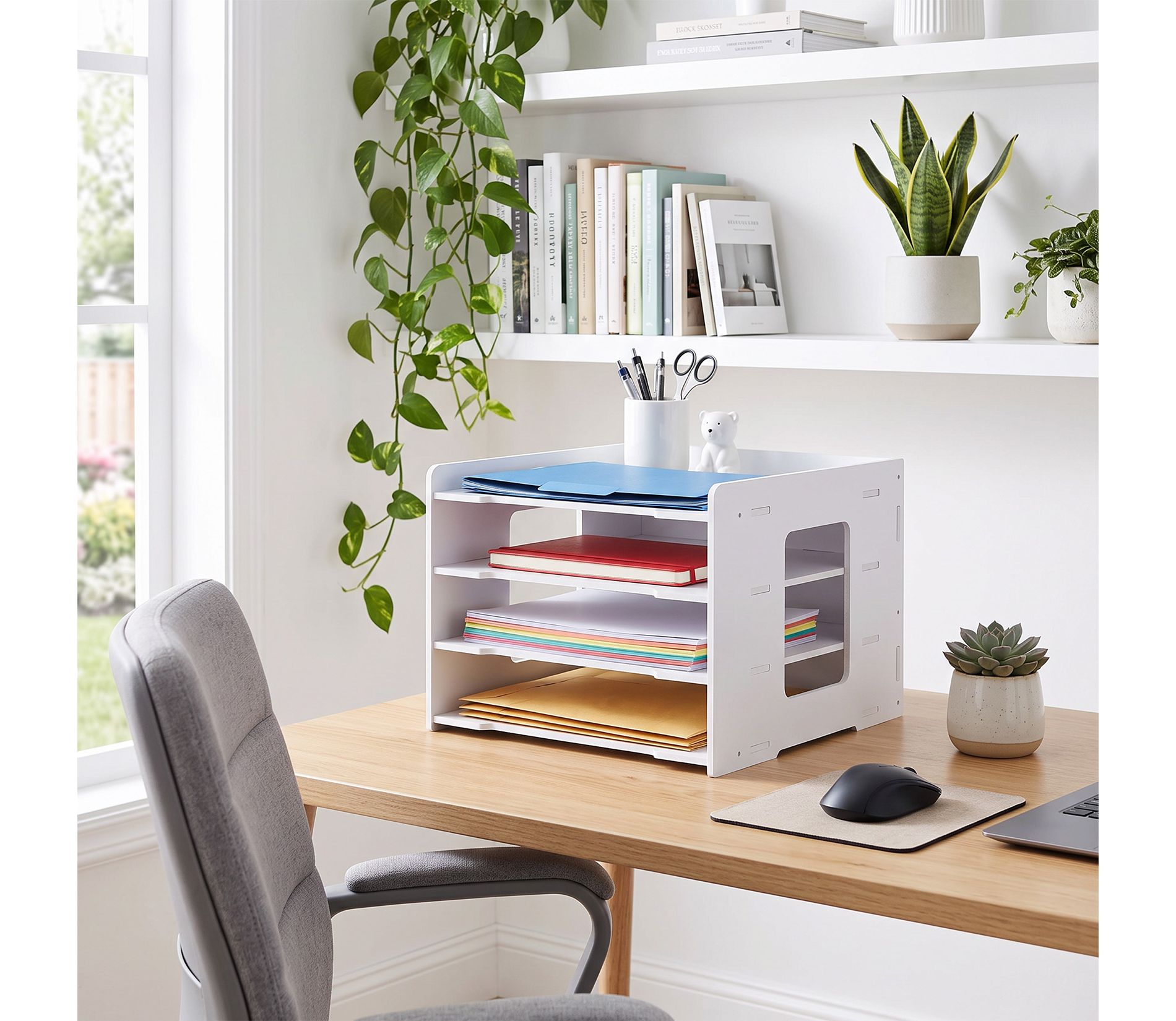 Multi-Layer Desktop File Organizer, Adjustable A4 Paper Storage Rack, Waterproof PVC Wood Plastic Board, Office Desk Folder Holder