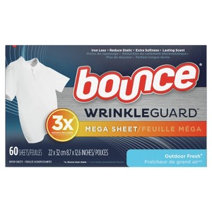 Bounce WrinkleGuard Mega Dryer Sheets, 60 Count, Wrinkle Release Fabric Softener Sheets with Outdoor Fresh Scent - 1 of 4