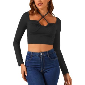 Allegra K Women's Criss Cross Halter Neck Tie Up Basic Long Sleeve Crop Top - 1 of 4
