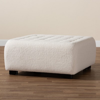 Ivory Boucle Upholstered Box Tufted Ottoman with Black Wood Legs