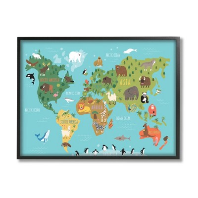 Stupell Industries Country Animals World Map Continents Wildlife Diagram Black Framed Giclee Art