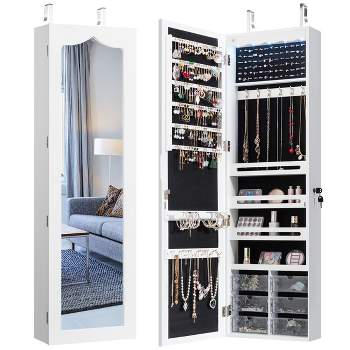Tangkula Lockable Wall Mounted Jewelry Armoire w/Mirror & LED Lights Brown/White