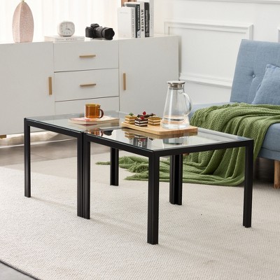 VYNXARIA Coffee Table Set of 2, Square Modern Table with Tempered Glass Finish for Living Room